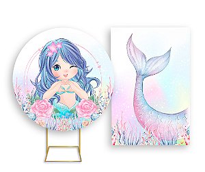 Painel De Festa Redondo 1,50x1,50 + Vertical 1,50x2,20 -  Sereia Candy Cute 005