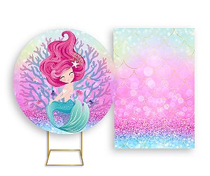 Painel De Festa Redondo 1,50x1,50 + Vertical 1,50x2,20 -  Sereia Rosa Cute 006