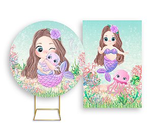 Painel De Festa Redondo 1,50x1,50 + Vertical 1,50x2,20 - Sereia Baby Cute 007