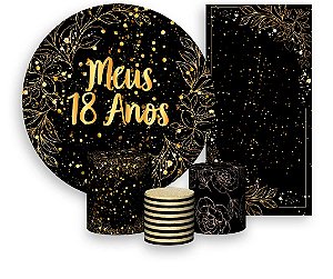 Painel De Festa + Trio De Capas Cilindro + Faixa Veste Fácil - Efeito Brilhos  18 Anos Dourado 049