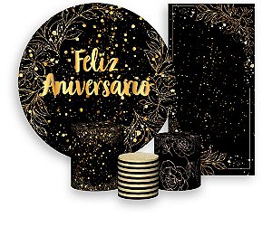 Painel De Festa + Trio De Capas Cilindro + Faixa Veste Fácil - Efeito Brilhos Feliz Aniversário Dourado 050