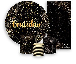 Painel De Festa + Trio De Capas Cilindro + Faixa Veste Fácil - Efeito Brilhos Gratidão Dourado 052