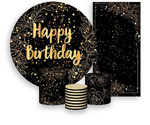 Painel De Festa + Trio De Capas Cilindro + Faixa Veste Fácil - Efeito Brilhos Happy Birthday Dourado 054
