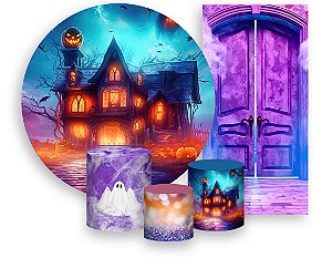 Painel De Festa + Trio De Capas Cilindro + Faixa Veste Fácil - Halloween Realista Castelo 007