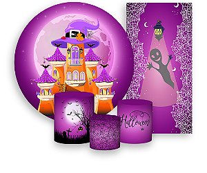 Painel De Festa + Trio De Capas Cilindro + Faixa Veste Fácil - Halloween Roxo Casa de Bruxa 011