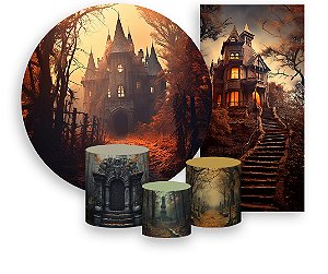 Painel De Festa + Trio De Capas Cilindro + Faixa Veste Fácil - Halloween Castelo Misterioso 014