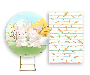 Painel De Festa Redondo 1,50x1,50 + Vertical 1,50x2,20 - Coelhinhos Cute no Jardim 002