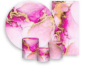 Painel De Festa + Trio De Capas Cilindro + Faixa Veste Fácil - Efeito Marmorizado Pink com Dourado 012