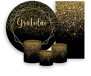 Painel De Festa + Trio De Capas Cilindro + Faixa Veste Fácil - Efeito Glitter Dourado Gratidão 015