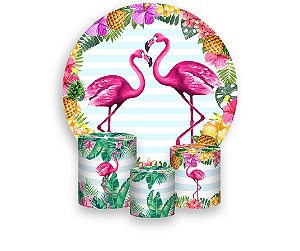 Painel De Festa Redondo 1,50 x 1,50 + Trio De Capas Cilindro - Flamingos Tropical 004