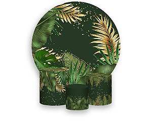 Painel De Festa Redondo 1,50 x 1,50 + Trio De Capas Cilindro - Tropical Chique Verde com Dourado 013