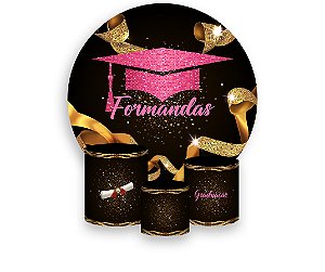 Painel De Festa Redondo 1,50 x 1,50 + Trio De Capas Cilindro - Formandas Capelo Rosa 011