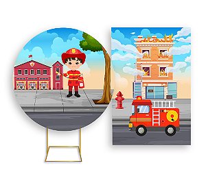 Painel De Festa Redondo 1,50x1,50 + Vertical 1,50x2,20 - Bombeiro Cute Cidade 004