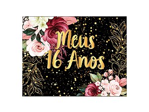 Painel de Festa Horizontal 1,55 X 1,20 - Flores Efeito Brilhos Meus 16 Anos Dourado 004