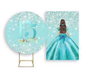 Painel De Festa Redondo 1,50x1,50 + Vertical 1,50x2,20 - 15 Anos Princesa Azul Efeito Glitter 002