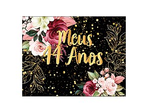 Painel de Festa Horizontal 1,55 X 1,20 - Flores Efeito Brilhos Meus 44 Anos Dourado 027