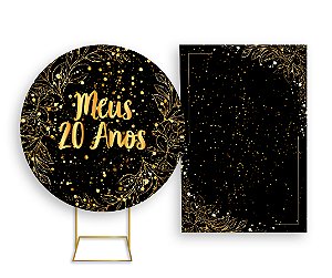 Painel De Festa Redondo 1,50x1,50 + Vertical 1,50x2,20 - Meus 20 Anos Efeito Brilho Dourado 022