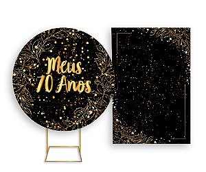 Painel De Festa Redondo 1,50x1,50 + Vertical 1,50x2,20 - Meus 70 Anos Efeito Brilho Dourado 042