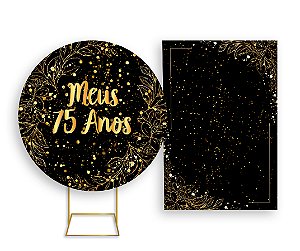 Painel De Festa Redondo 1,50x1,50 + Vertical 1,50x2,20 - Meus 75 Anos Efeito Brilho Dourado 044