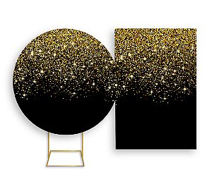 Painel De Festa Redondo 1,50x1,50 + Vertical 1,50x2,20 - Preto Efeito Glitter Dourado 003