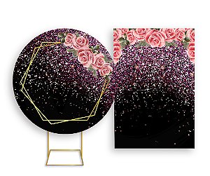 Painel De Festa Redondo 1,50x1,50 + Vertical 1,50x2,20 - Flores Efeito Glitter Pink 005