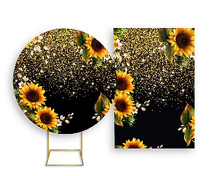 Painel De Festa Redondo 1,50x1,50 + Vertical 1,50x2,20 - Girassóis Efeito Glitter Dourado 011