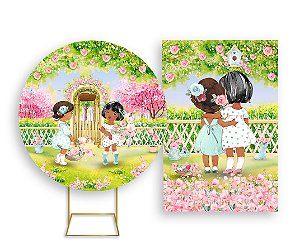 Painel De Festa Redondo 1,50x1,50 + Vertical 1,50x2,20 - Jardim de Bonecas Cute 018