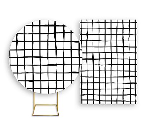 Painel De Festa Redondo 1,50x1,50 + Vertical 1,50x2,20 - Estampa Grid Quadriculada Preto 045