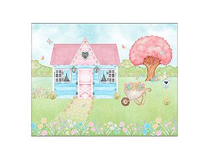 Painel de Festa Horizontal 1,55 X 1,20 - Jardim Aquarela Com Casinha 005