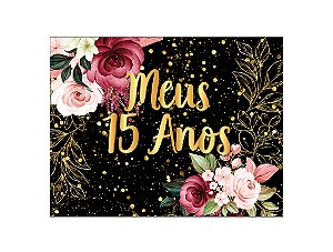 Painel de Festa Horizontal 1,55 X 1,20 - Meus 15 Anos Dourado Floral 001