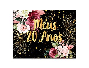 Painel de Festa Horizontal 1,55 X 1,20 - Meus 20 Anos Dourado Floral 002