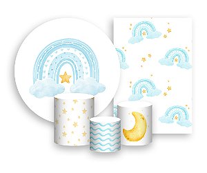 Kit 2 Painéis De Festa + Trio De Capas Cilindro - Arco-íris Boho Azul 001