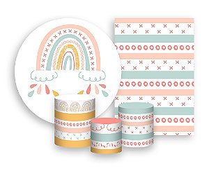 Kit 2 Painéis De Festa + Trio De Capas Cilindro - Arco-íris Boho Rosado 002