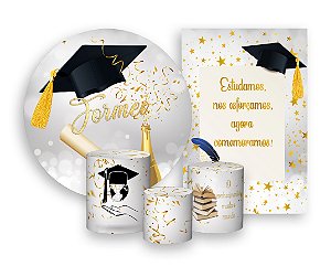 Kit 2 Painéis De Festa + Trio De Capas Cilindro - Formatura Capelo Prateado 001