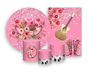 Kit 2 Painéis De Festa + Trio De Capas Cilindro - Chapéu de Boiadeira Com Flores Rosas 009