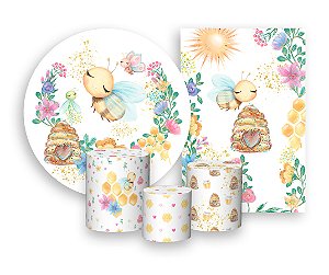 Kit 2 Painéis De Festa + Trio De Capas Cilindro - Abelhinha Cute Floral 001