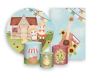 Kit 2 Painéis De Festa + Trio De Capas Cilindro - Festa Junina Caipiras Aquarela 009