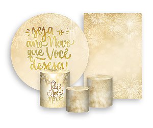 Kit 2 Painéis De Festa + Trio De Capas Cilindro - Ano Novo Que Você Deseja Dourado 003