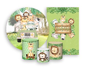 Kit 2 Painéis De Festa + Trio De Capas Cilindro - Animais Safari Cute 001