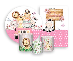 Kit 2 Painéis De Festa + Trio De Capas Cilindro - Safari Rosa Aquarela 008