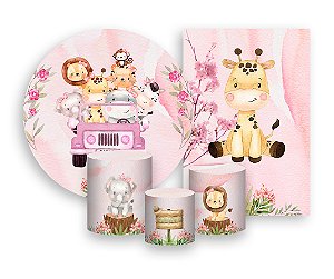 Kit 2 Painéis De Festa + Trio De Capas Cilindro - Safari Girafinha Cute 011