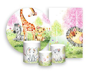 Kit 2 Painéis De Festa + Trio De Capas Cilindro - Safari Cute 012