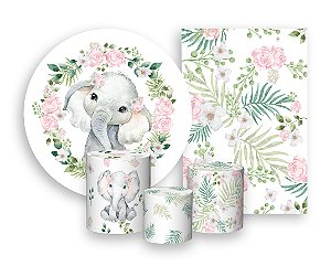 Kit 2 Painéis De Festa + Trio De Capas Cilindro - Safari Elefantinho Floral 017