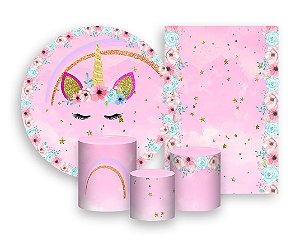 Kit 2 Painéis De Festa + Trio De Capas Cilindro - Unicórnio Aquarela Cílios 002