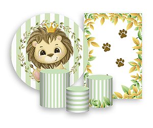 Kit 2 Painéis De Festa + Trio De Capas Cilindro - Safari Leão Folhagens 019