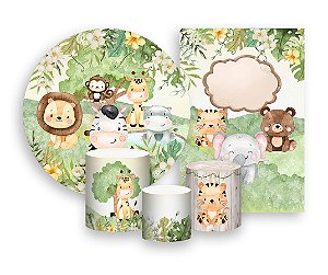 Kit 2 Painéis De Festa + Trio De Capas Cilindro - Safari Animais Cute 023