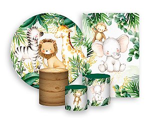 Kit 2 Painéis De Festa + Trio De Capas Cilindro - Safari Animais Vegetação 024