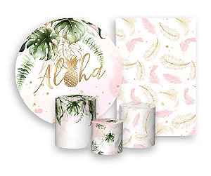 Kit 2 Painéis De Festa + Trio De Capas Cilindro - Tropical Aloha Rosa 004