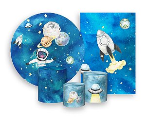 Kit 2 Painéis De Festa + Trio De Capas Cilindro - Astronauta Azul Aquarela 003