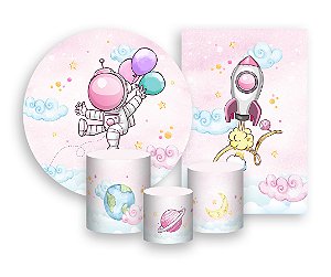 Kit 2 Painéis De Festa + Trio De Capas Cilindro - Astronauta Rosa Aquarela 004